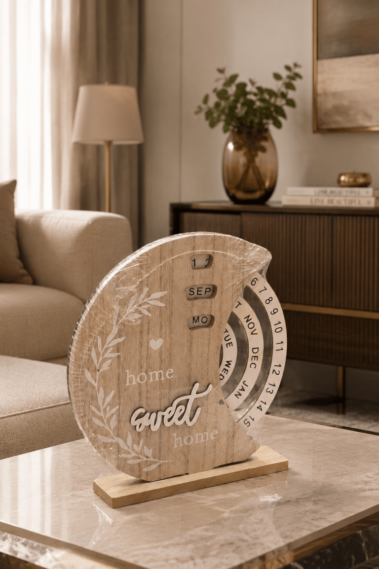 تقويم خشبي دائري Home Sweet Home على خلفية بيضاء